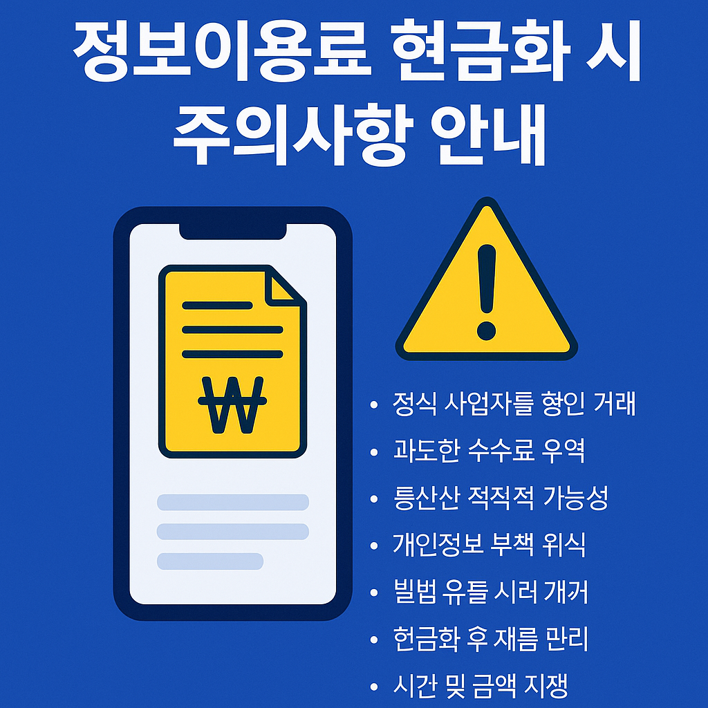 정보이용료 현금화 시 주의사항을 안내하는 한국어 인포그래픽